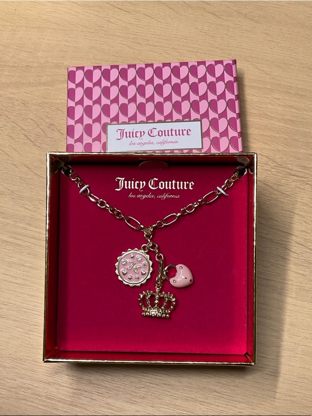 Juicy Couture Gold Tone Necklace with Pink Enamel Charms